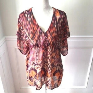 CAbi V Neck Printed Blouse Tunic Top XS Red Orange